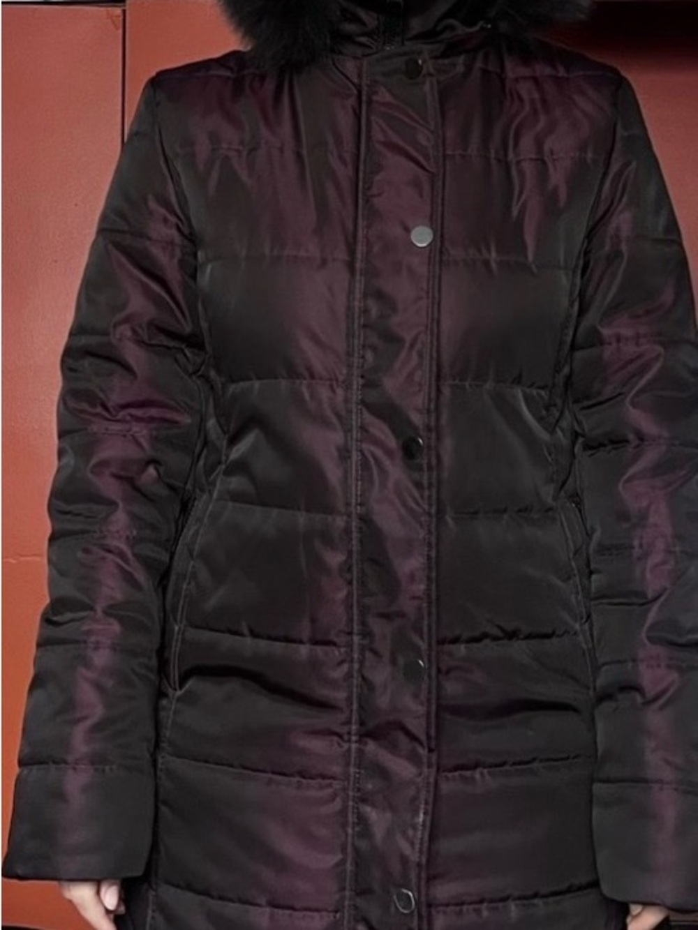 Long Quilted Puffer Coat in Deep Plum with Hood